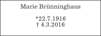 Traueranzeige von Marie Brünninghaus von Wetterauer Zeitung, Wetterauer Zeitung