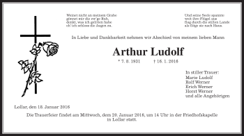 Traueranzeige von Arthur Ludolf von Gießener Allgemeine, Alsfelder Allgemeine