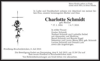 Traueranzeige von Charlotte Schmidt von Wetterauer Zeitung, Wetterauer Zeitung
