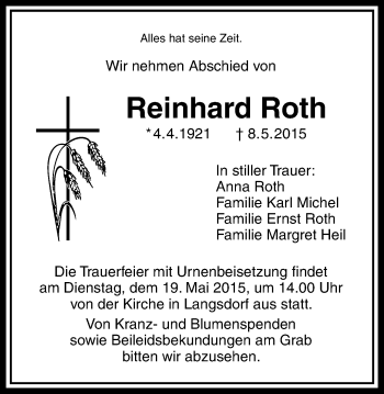 Traueranzeige von Reinhard Roth von Licher Wochenblatt, Licher Wochenblatt, Licher Wochenblatt