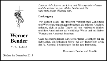 Traueranzeige von Werner Bender von Gießener Allgemeine, Alsfelder Allgemeine