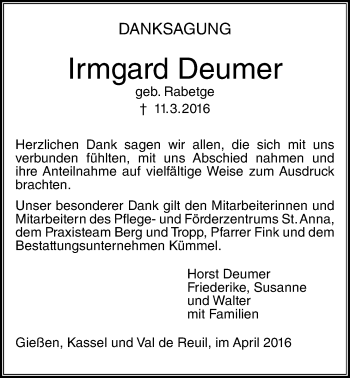 Traueranzeige von Irmgard Deumer von Gießener Allgemeine, Alsfelder Allgemeine