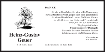 Traueranzeige von Heinz-Gustav Geuer von Wetterauer Zeitung, Wetterauer Zeitung