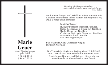 Traueranzeige von Marie Geuer von Wetterauer Zeitung, Wetterauer Zeitung