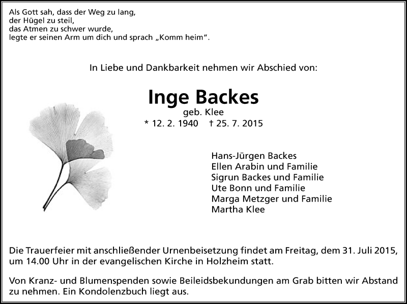  Traueranzeige für Inge Backes vom 28.07.2015 aus Gießener Allgemeine, Alsfelder Allgemeine
