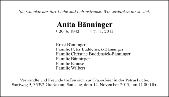 Traueranzeige von Anita Bänninger von Gießener Allgemeine, Alsfelder Allgemeine