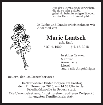 Traueranzeige von Marie Laatsch von Gießener Allgemeine, Alsfelder Allgemeine