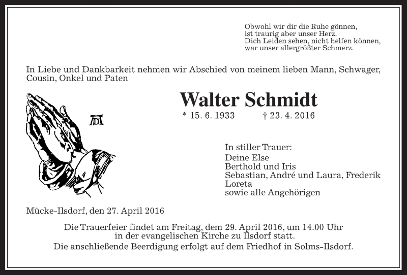  Traueranzeige für Walter Schmidt vom 27.04.2016 aus Gießener Allgemeine, Alsfelder Allgemeine