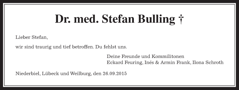  Traueranzeige für Stefan Bulling vom 29.09.2015 aus Gießener Allgemeine, Alsfelder Allgemeine
