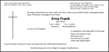 Traueranzeige von Erna Frank von Gießener Allgemeine, Alsfelder Allgemeine