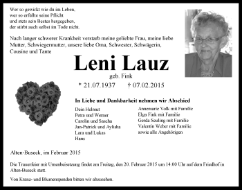 Traueranzeige von Leni Lauz von Gießener Allgemeine, Alsfelder Allgemeine