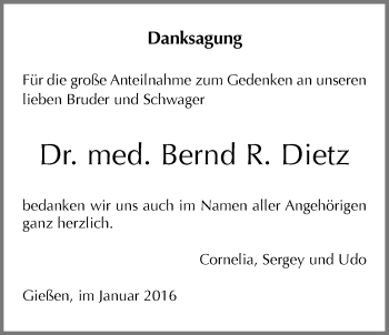 Traueranzeige von Bernd R. Dietz von Gießener Allgemeine, Alsfelder Allgemeine