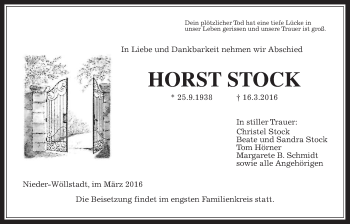 Traueranzeige von Horst Stock von Wetterauer Zeitung, Wetterauer Zeitung