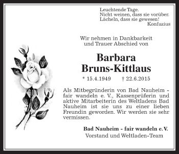 Traueranzeige von Barbara Bruns-Kittlaus von Wetterauer Zeitung, Wetterauer Zeitung