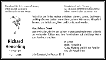 Traueranzeige von Richard Henseling von Licher Wochenblatt, Licher Wochenblatt, Licher Wochenblatt