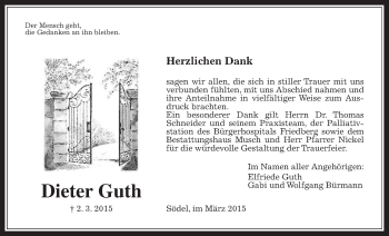 Traueranzeige von Dieter Guth von Wetterauer Zeitung, Wetterauer Zeitung