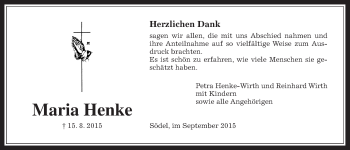 Traueranzeige von Maria Henke von Wetterauer Zeitung, Wetterauer Zeitung
