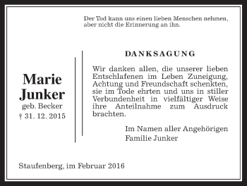Traueranzeige von Marie Junker von Gießener Allgemeine, Alsfelder Allgemeine