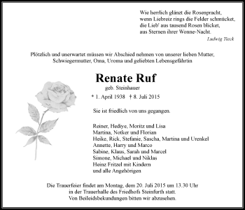 Traueranzeige von Renate Ruf von Wetterauer Zeitung, Wetterauer Zeitung