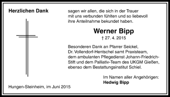 Traueranzeige von Werner Bipp von Licher Wochenblatt, Licher Wochenblatt, Licher Wochenblatt
