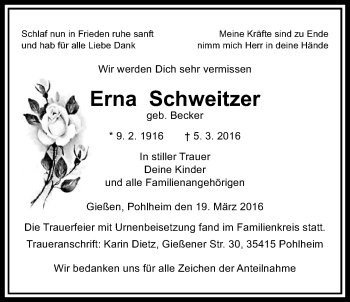 Traueranzeige von Erna Schweitzer von Gießener Allgemeine, Alsfelder Allgemeine