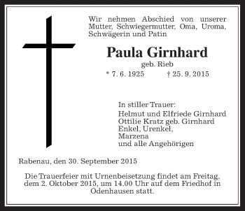 Traueranzeige von Paula Girnhard von Gießener Allgemeine, Alsfelder Allgemeine