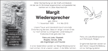 Traueranzeige von Margit Wiedersprecher von Wetterauer Zeitung, Wetterauer Zeitung