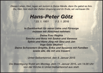 Traueranzeige von Hans-Peter Götz von Alsfelder Allgemeine