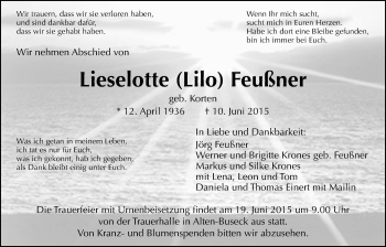 Traueranzeige von Lieselotte Feußner von Gießener Allgemeine, Alsfelder Allgemeine