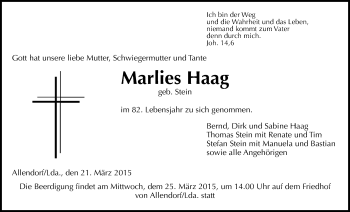 Traueranzeige von Marlies Haag von Gießener Allgemeine, Alsfelder Allgemeine