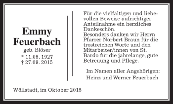Traueranzeige von Emmy Feuerbach von Wetterauer Zeitung, Wetterauer Zeitung