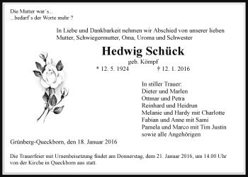 Traueranzeige von Hedwig Schück von Gießener Allgemeine, Alsfelder Allgemeine
