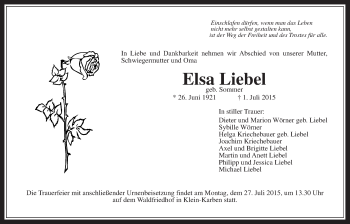 Traueranzeige von Elsa Liebel von Wetterauer Zeitung