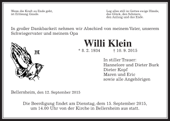 Traueranzeige von Willi Klein von Gießener Allgemeine, Alsfelder Allgemeine