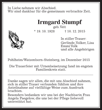 Traueranzeige von Irmgard Stumpf von Pohlheimer Nachrichten