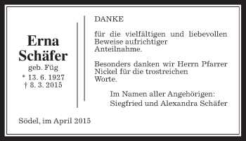 Traueranzeige von Erna Schäfer von Wetterauer Zeitung, Wetterauer Zeitung
