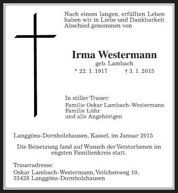 Traueranzeige von Irma Westermann von Giessener Allgemeine, Alsfelder Allgemeine