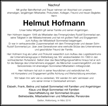 Traueranzeige von Helmut Hofmann von Gießener Allgemeine, Alsfelder Allgemeine