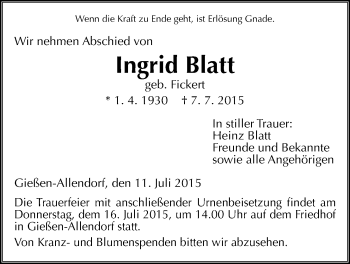 Traueranzeige von Ingrid Platt von Gießener Allgemeine, Alsfelder Allgemeine
