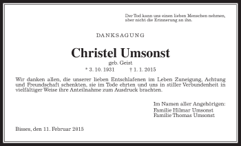 Traueranzeige von Christel Umsonst von Wetterauer Zeitung, Wetterauer Zeitung