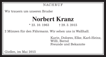 Traueranzeige von Norbert Kranz von Gießener Allgemeine, Alsfelder Allgemeine