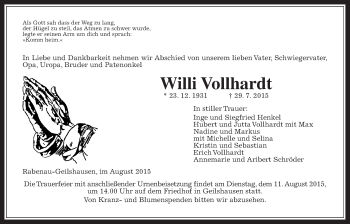 Traueranzeige von Willi Vollhardt von Gießener Allgemeine, Alsfelder Allgemeine