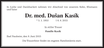 Traueranzeige von Dusan Kasik von Wetterauer Zeitung, Wetterauer Zeitung