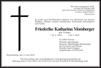 Traueranzeige von Friederike Katharine Momberger von Gießener Allgemeine, Alsfelder Allgemeine