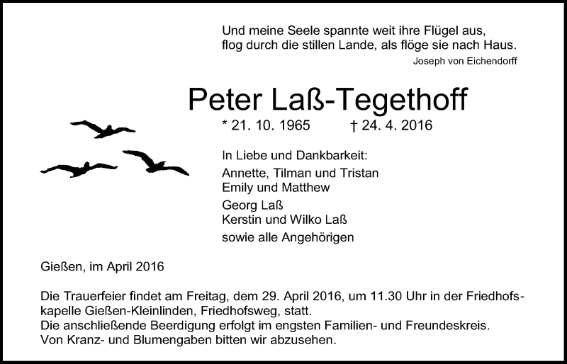  Traueranzeige für Peter Laß-Tegethoff vom 27.04.2016 aus Gießener Allgemeine, Alsfelder Allgemeine