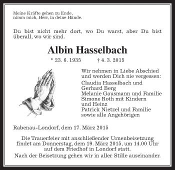 Traueranzeige von Albin Hasselbach von Gießener Allgemeine, Alsfelder Allgemeine