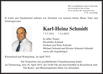 Traueranzeige von Karl-Heinz Schmidt von Gießener Allgemeine, Alsfelder Allgemeine