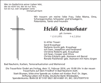 Traueranzeige von Heidi Kraushaar von Wetterauer Zeitung, Wetterauer Zeitung