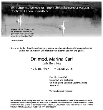 Traueranzeige von Marina Carl von Gießener Allgemeine, Alsfelder Allgemeine
