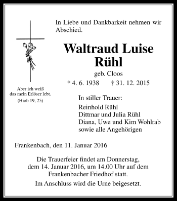 Traueranzeige von Waltraud Luise Rühl von Gießener Allgemeine, Alsfelder Allgemeine